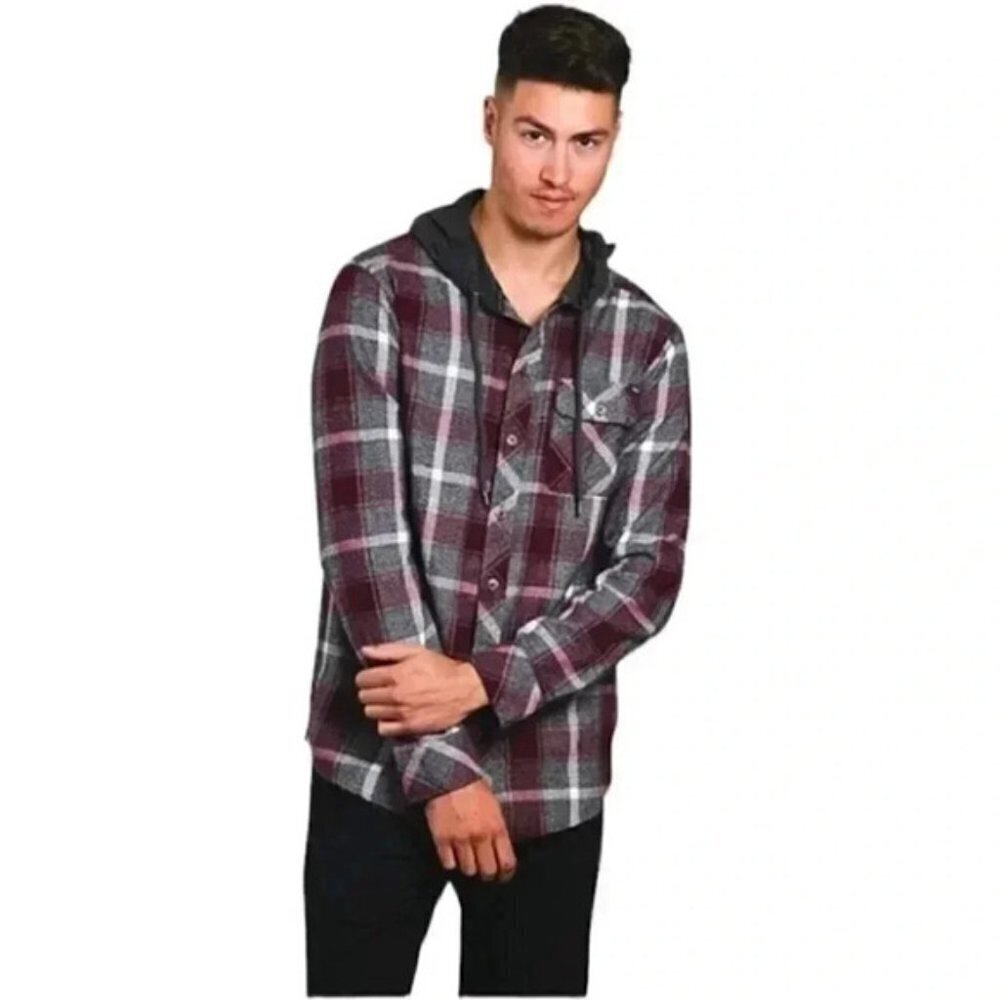 KOLBY Mens Flannel Shirt Button Up Shacket Hoodie Burgundy Grey Plaid Large